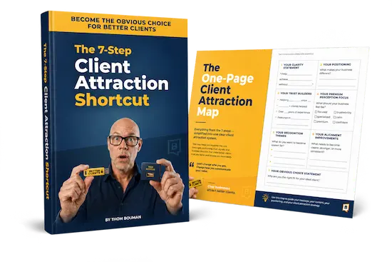 The 7-Step Client Attraction Shortcut workbook and One-Page Client Attraction Map by Thom Bouman.