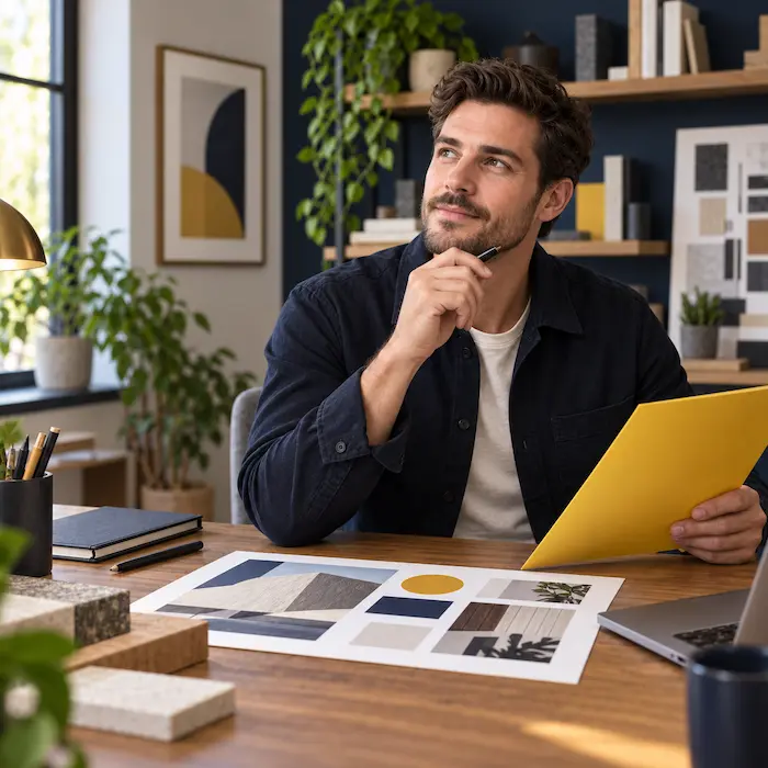 Freelancer in a design studio reviewing a value-based strategy for how to stop competing on price as a freelancer