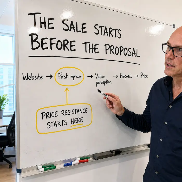 Thom Bouman explaining on a whiteboard how price resistance can start before a proposal