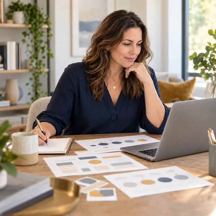 Health coach reviewing a client attraction strategy for health coaches on a laptop