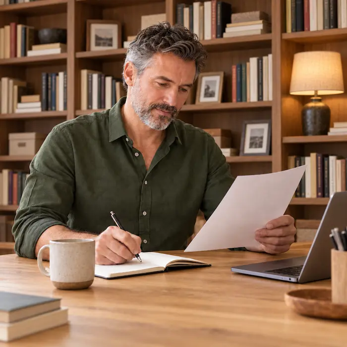 Solo consultant reviewing how to communicate your value proposition as a solopreneur on a printed positioning statement