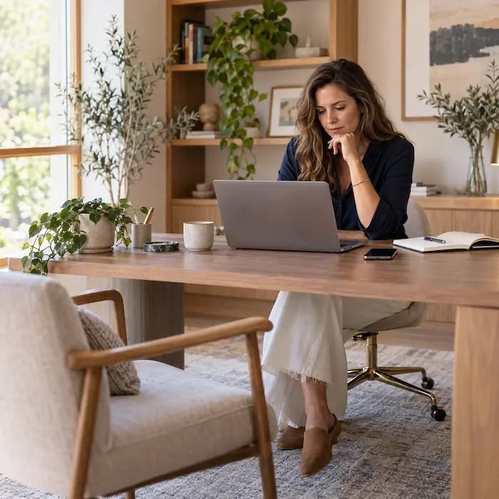 Female coach asking “why am I not getting coaching clients?” while reviewing her business on a laptop in her coaching studio.