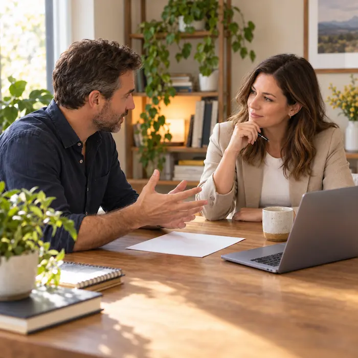 Consultant discussing how to attract premium clients with a prospective client at a desk.