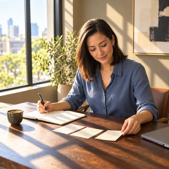 Coach reviewing notes on how to explain your coaching niche at a dark wooden desk in a sunlit office.