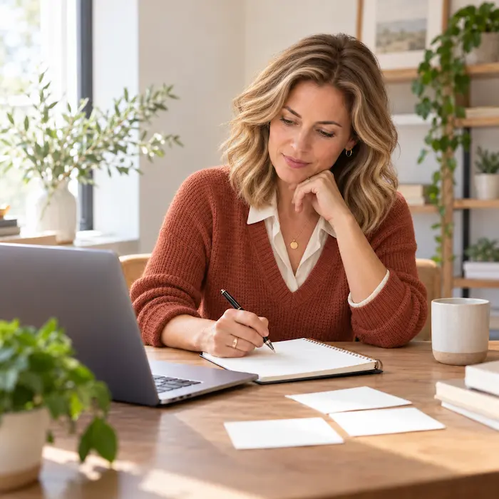 Positioning statement examples for coaches: a woman writing in a notebook beside her laptop.